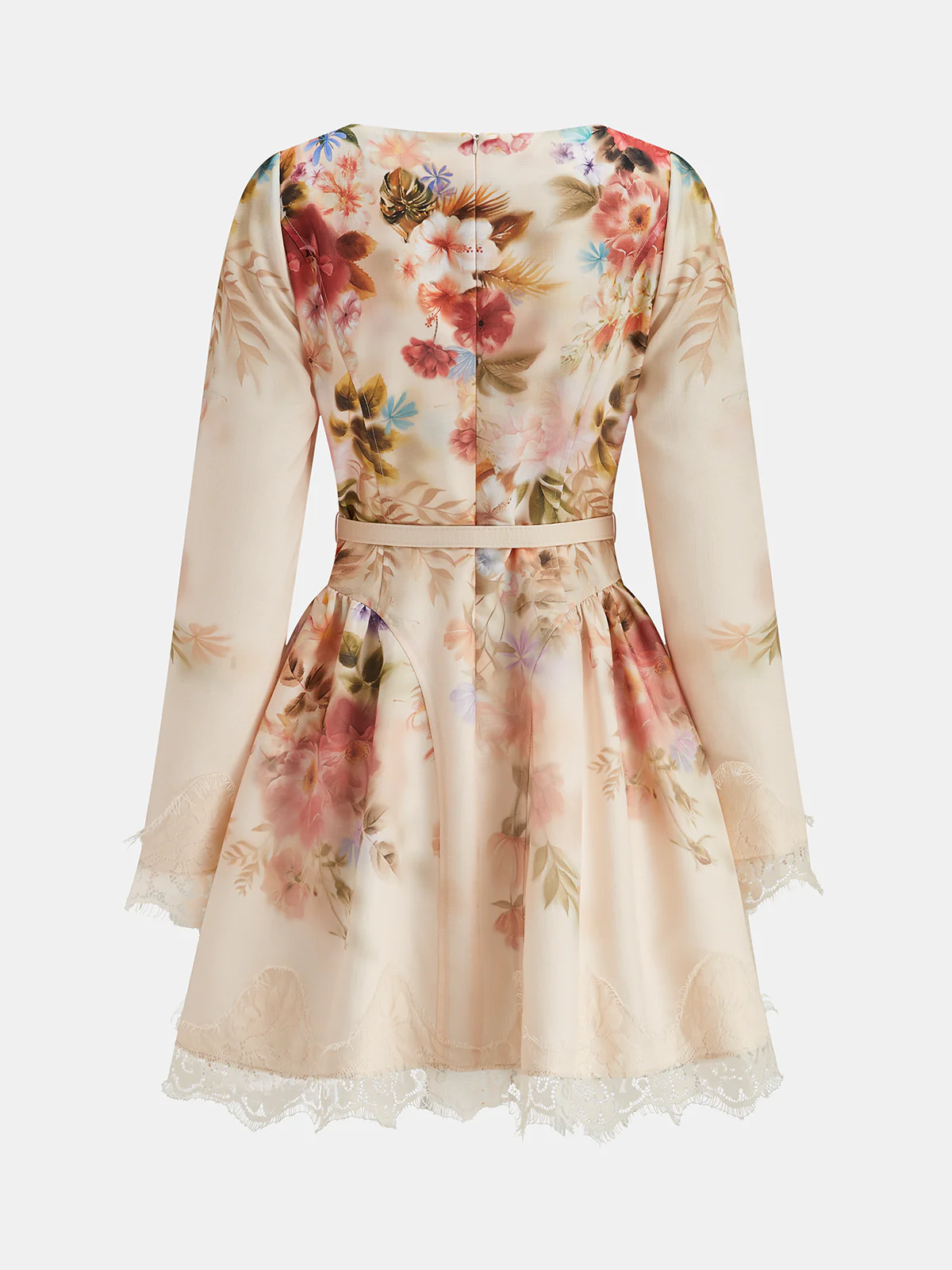 Belted Lace Trim Floral Print Mini Dress - Image 2