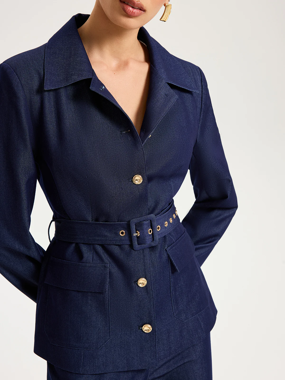 Belted Metal Button Faux Denim Blazer - Image 2