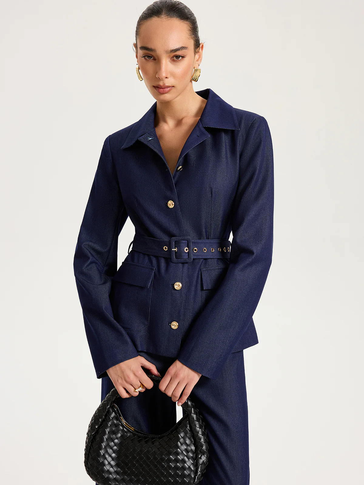 Belted Metal Button Faux Denim Blazer - Image 3