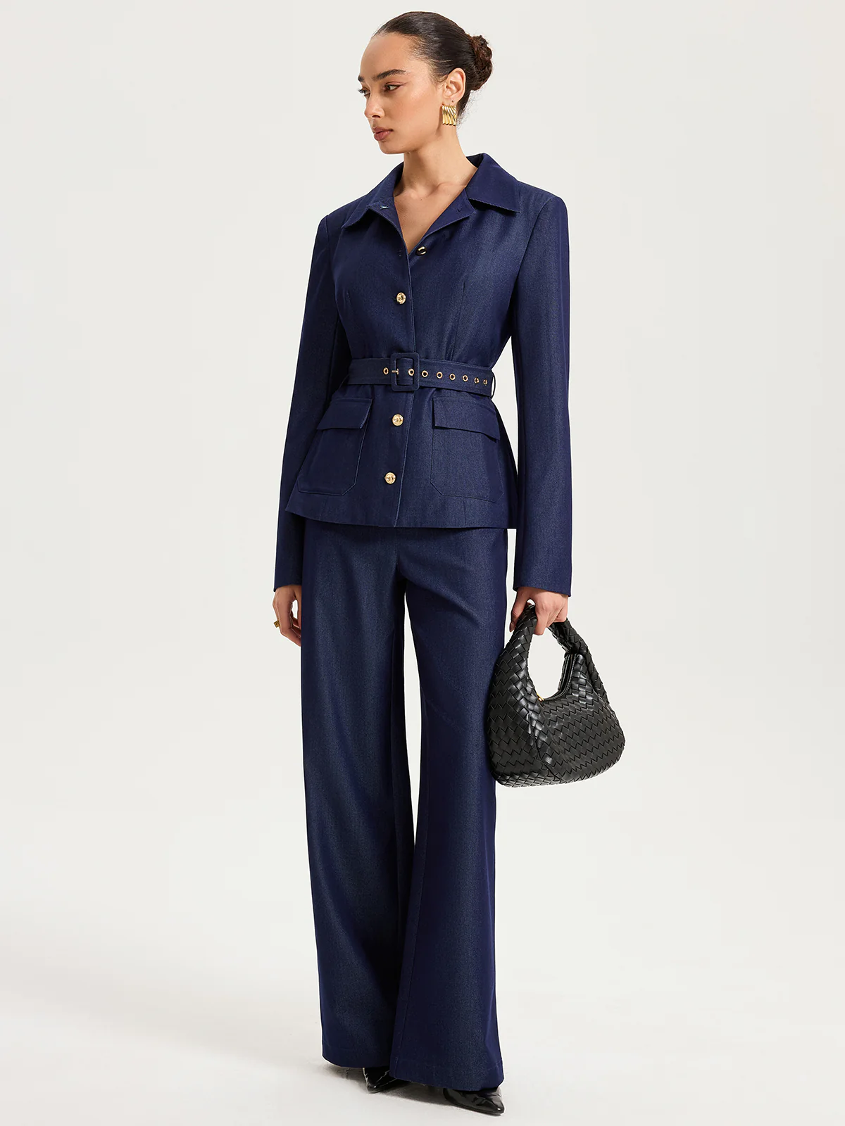 Belted Metal Button Faux Denim Blazer - Image 4