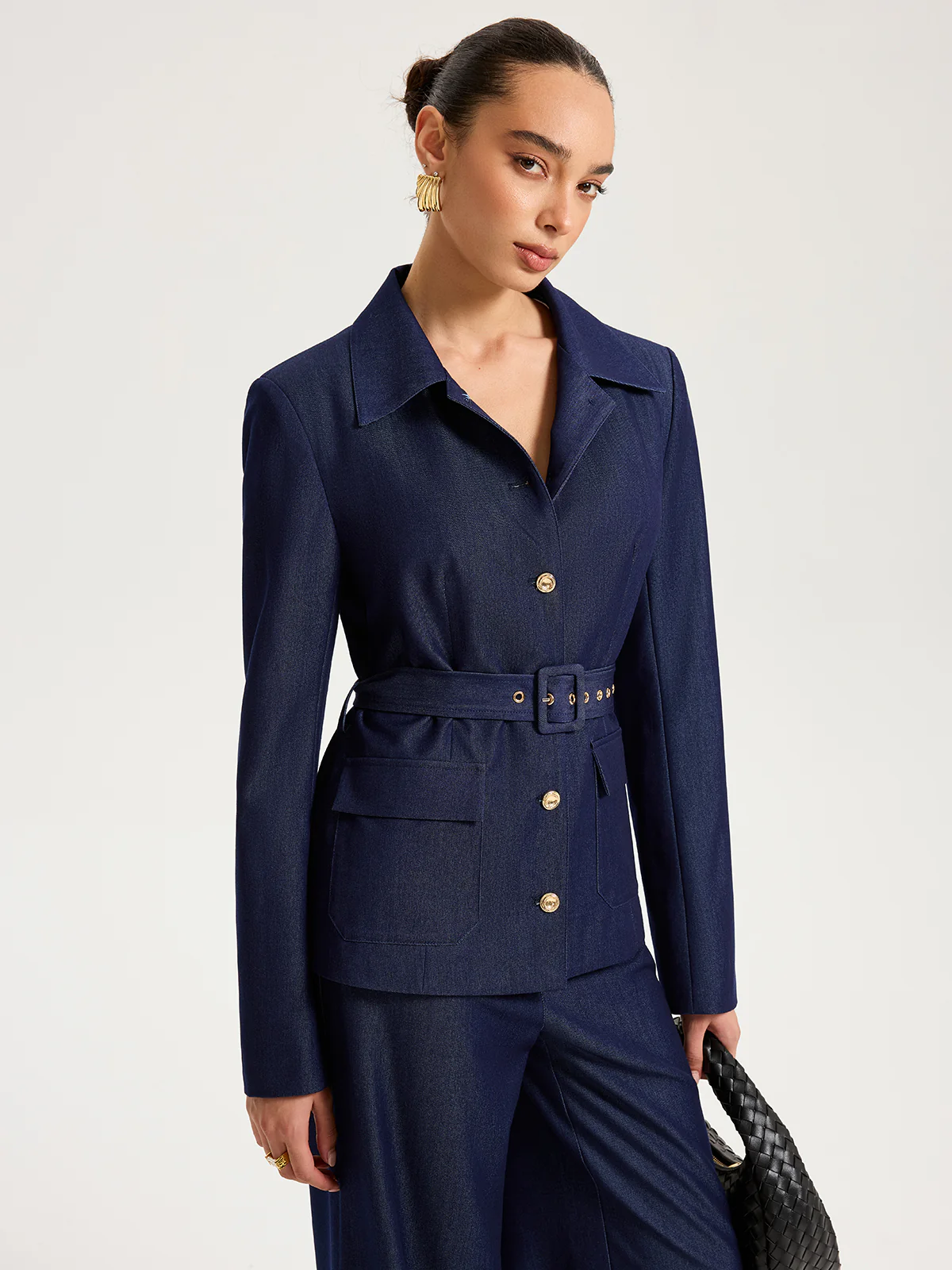 Belted Metal Button Faux Denim Blazer - Image 5