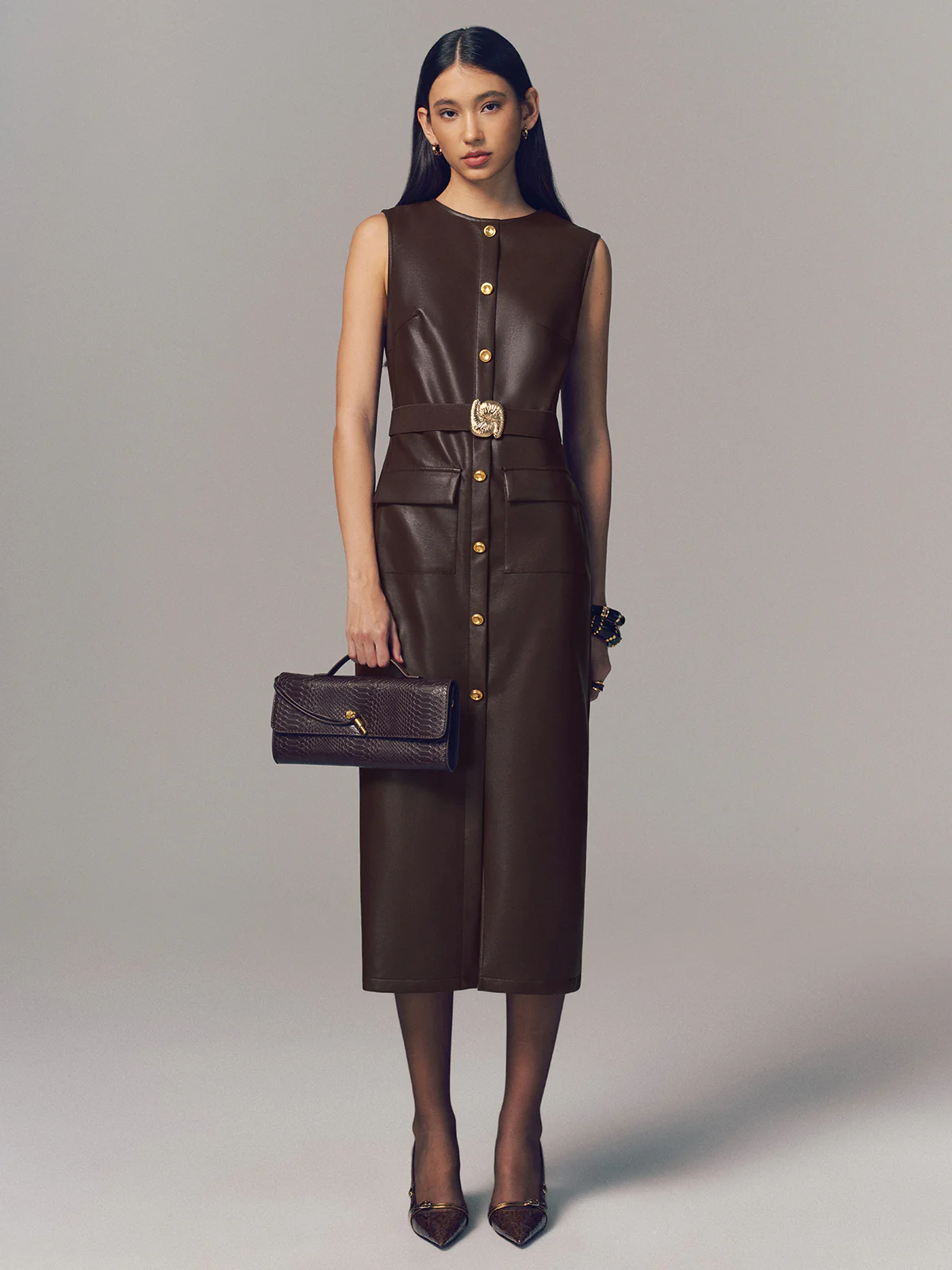 Belted Metal Button Faux Leather Sleeveless Maxi Dress - Image 3