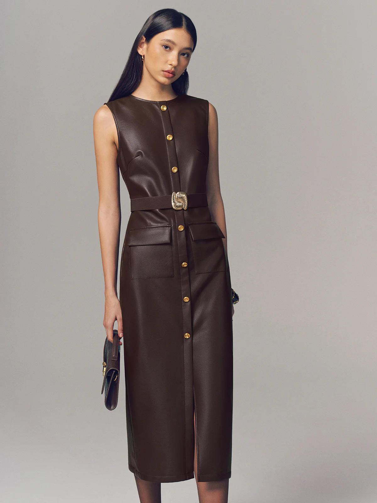 Belted Metal Button Faux Leather Sleeveless Maxi Dress - Image 5