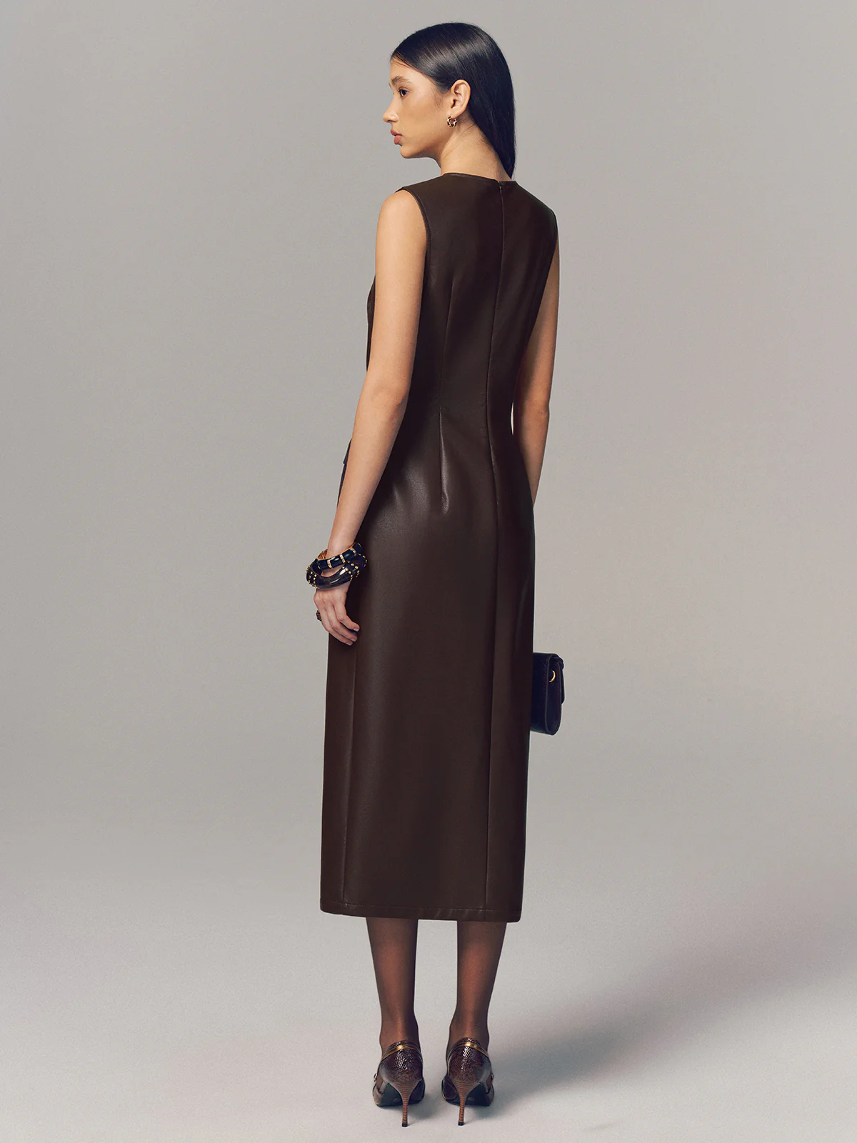 Belted Metal Button Faux Leather Sleeveless Maxi Dress - Image 6