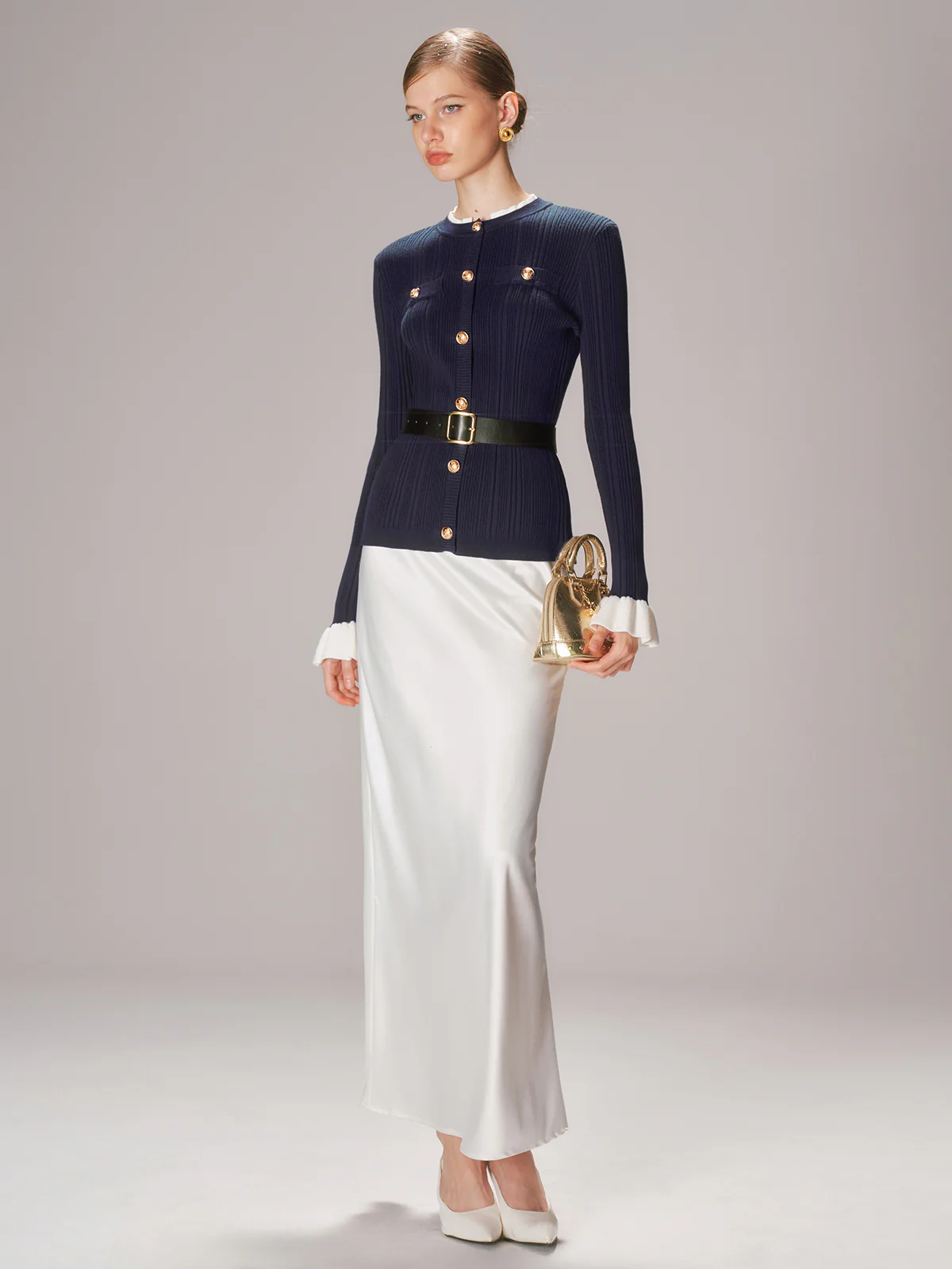 Belted Metal Button Ribbed Knit Top