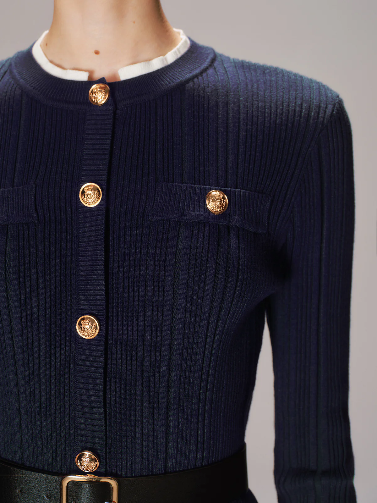 Belted Metal Button Ribbed Knit Top - Image 4