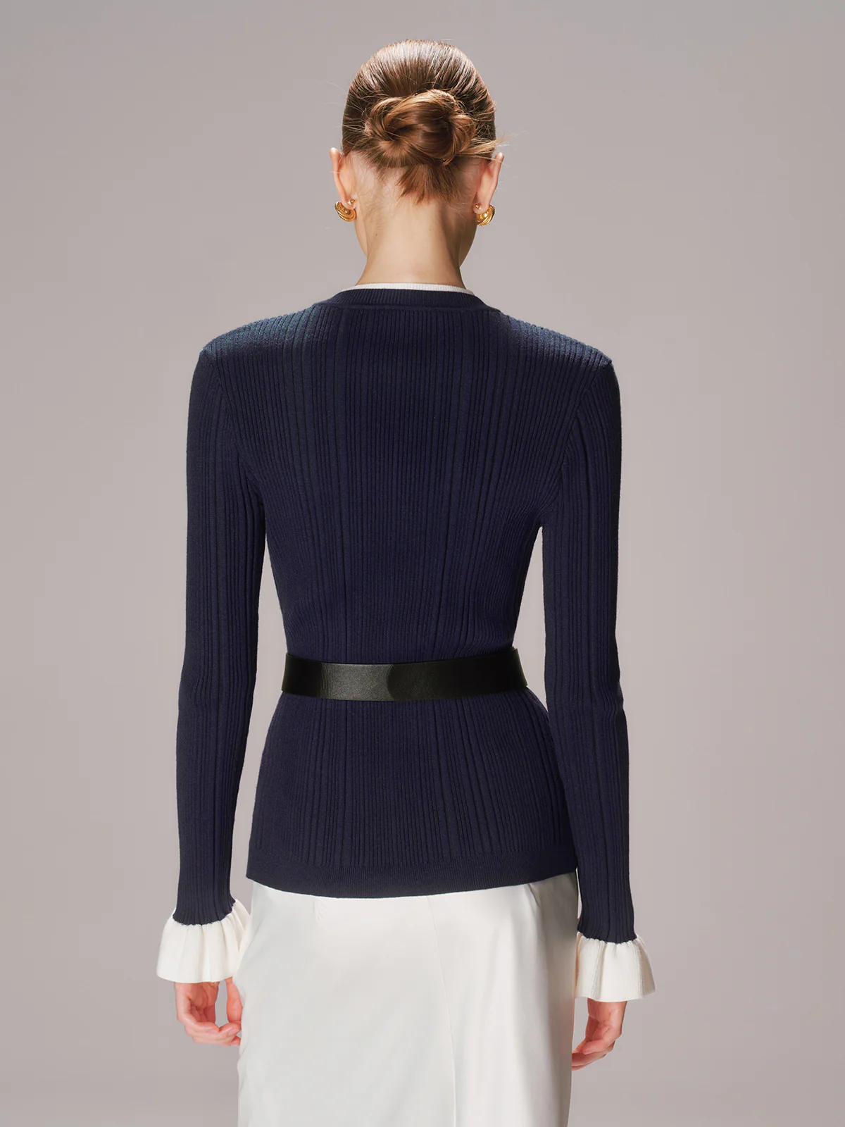 Belted Metal Button Ribbed Knit Top - Image 6