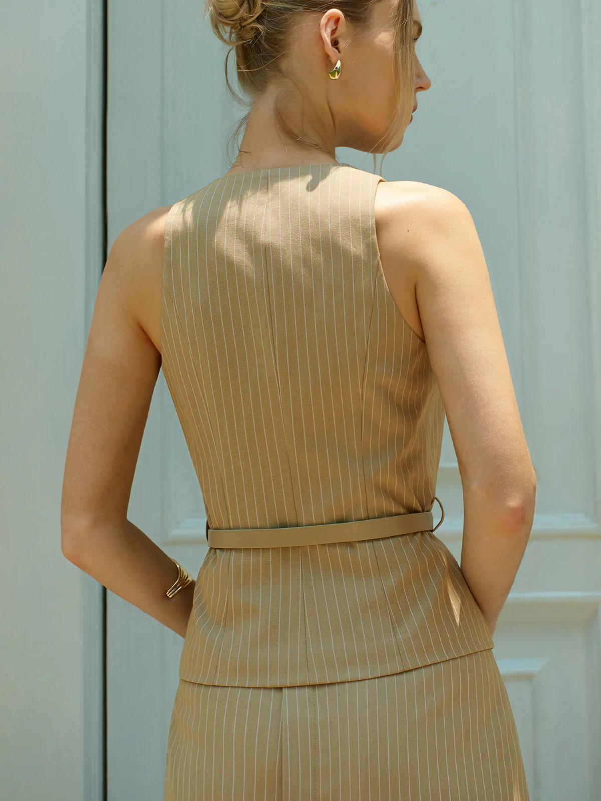 Belted Pinstripe Sleeveless Vest - Image 5