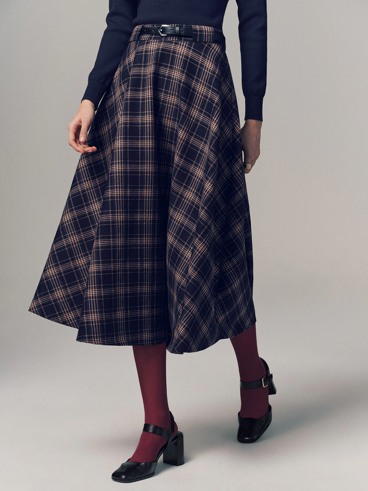 Belted Plaid A-line Midi Skirt - Image 2