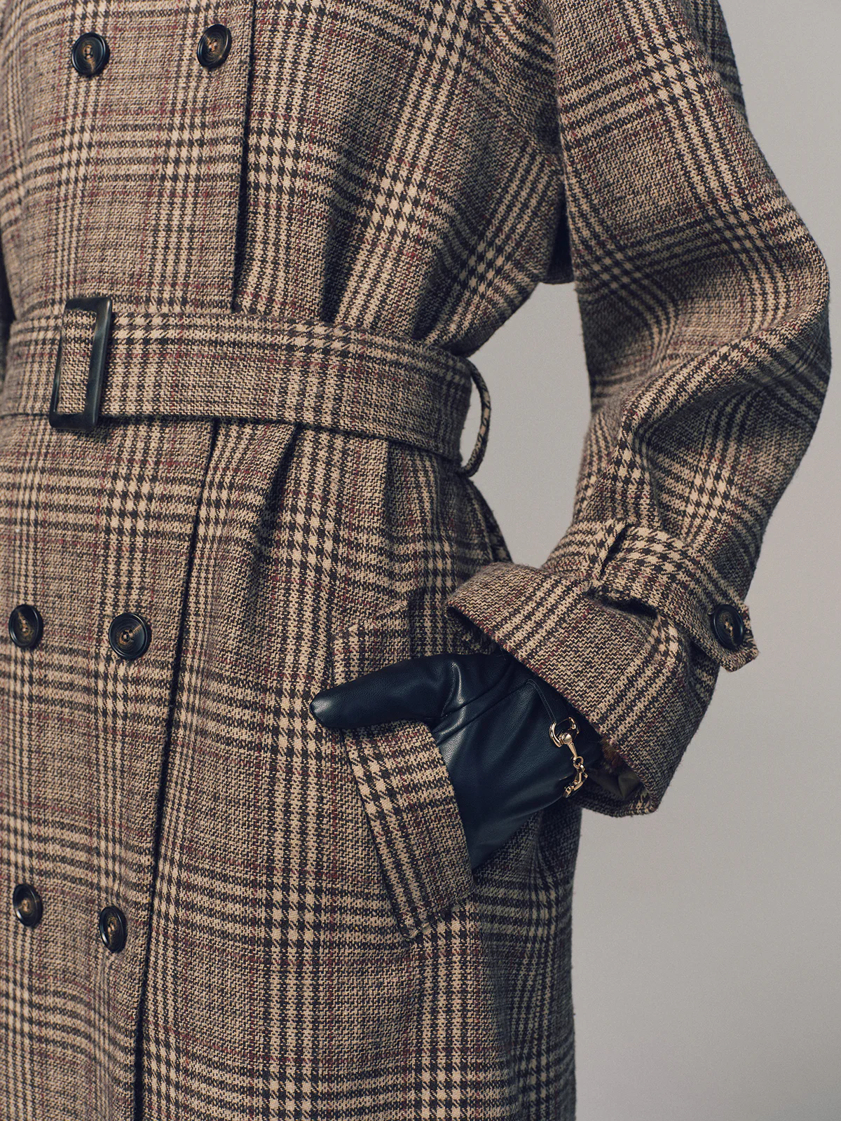 Belted Plaid Double-Breasted Long Trench Coat - Image 2