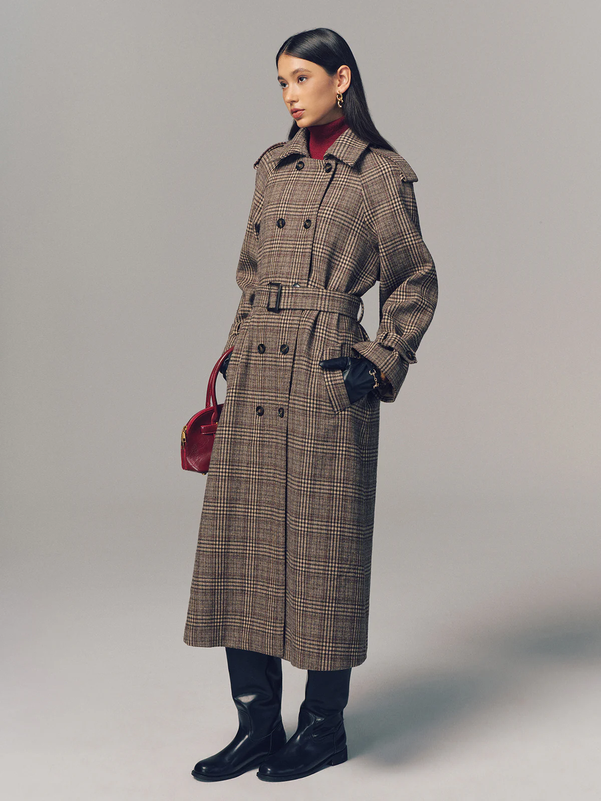 Belted Plaid Double-Breasted Long Trench Coat - Image 4