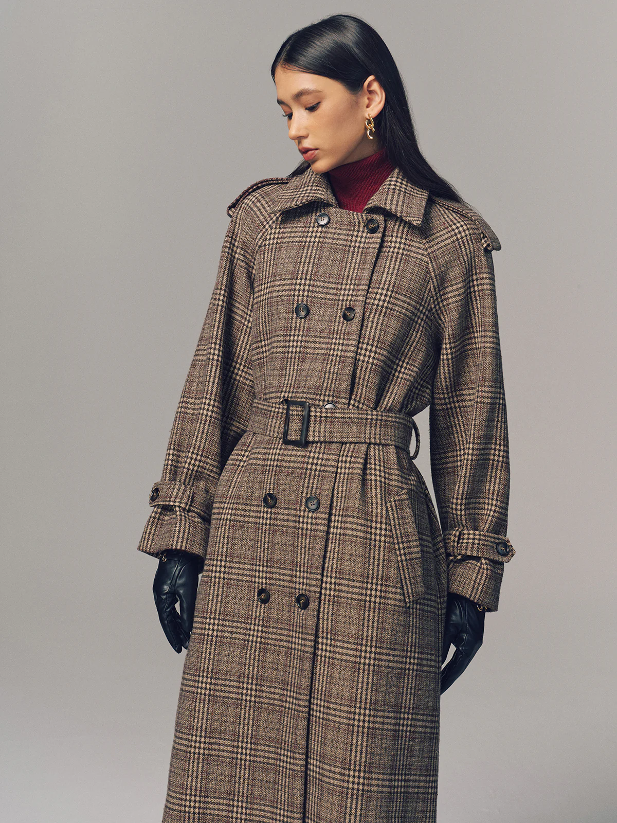 Belted Plaid Double-Breasted Long Trench Coat - Image 5