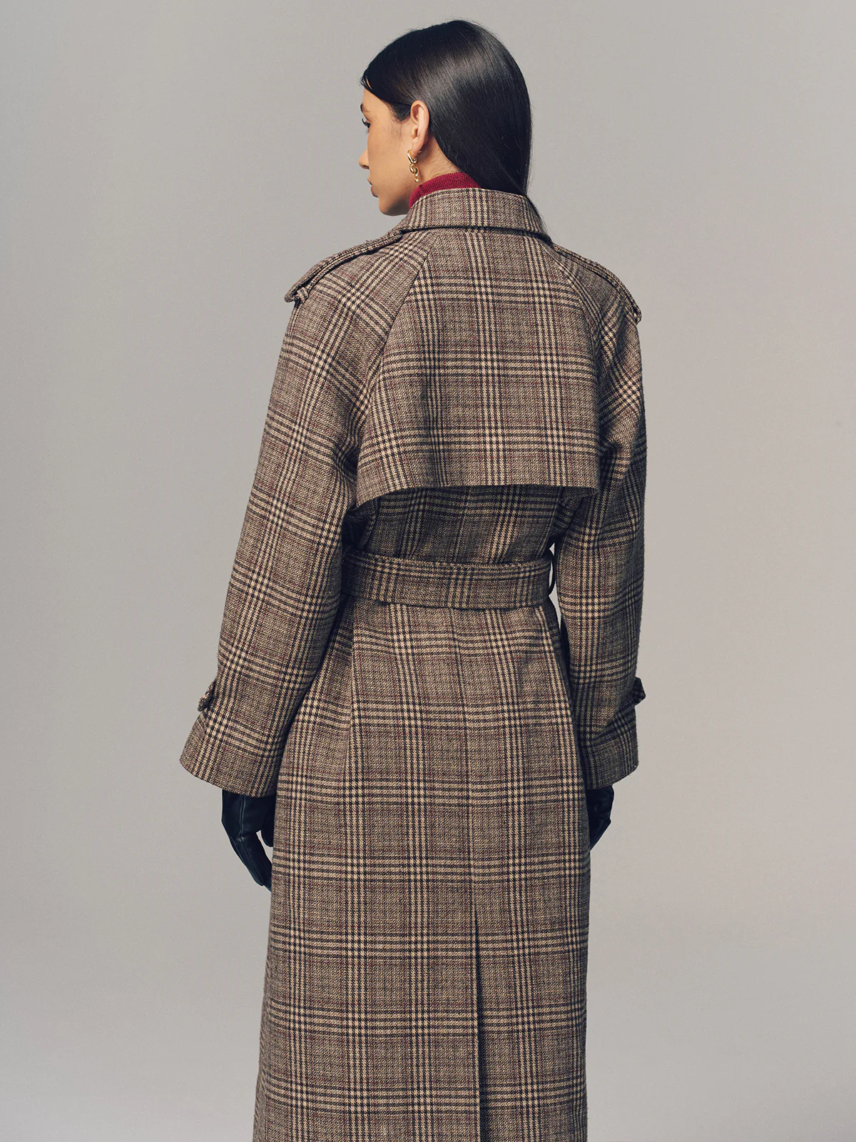 Belted Plaid Double-Breasted Long Trench Coat - Image 6