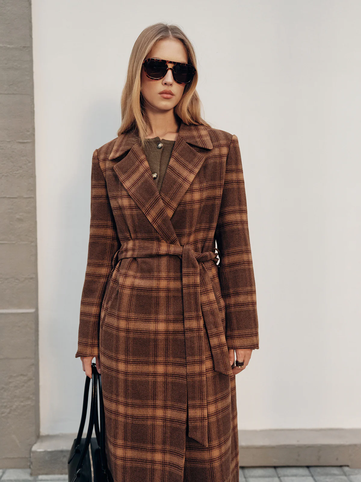 Belted Plaid Long Tweed Coat - Image 3