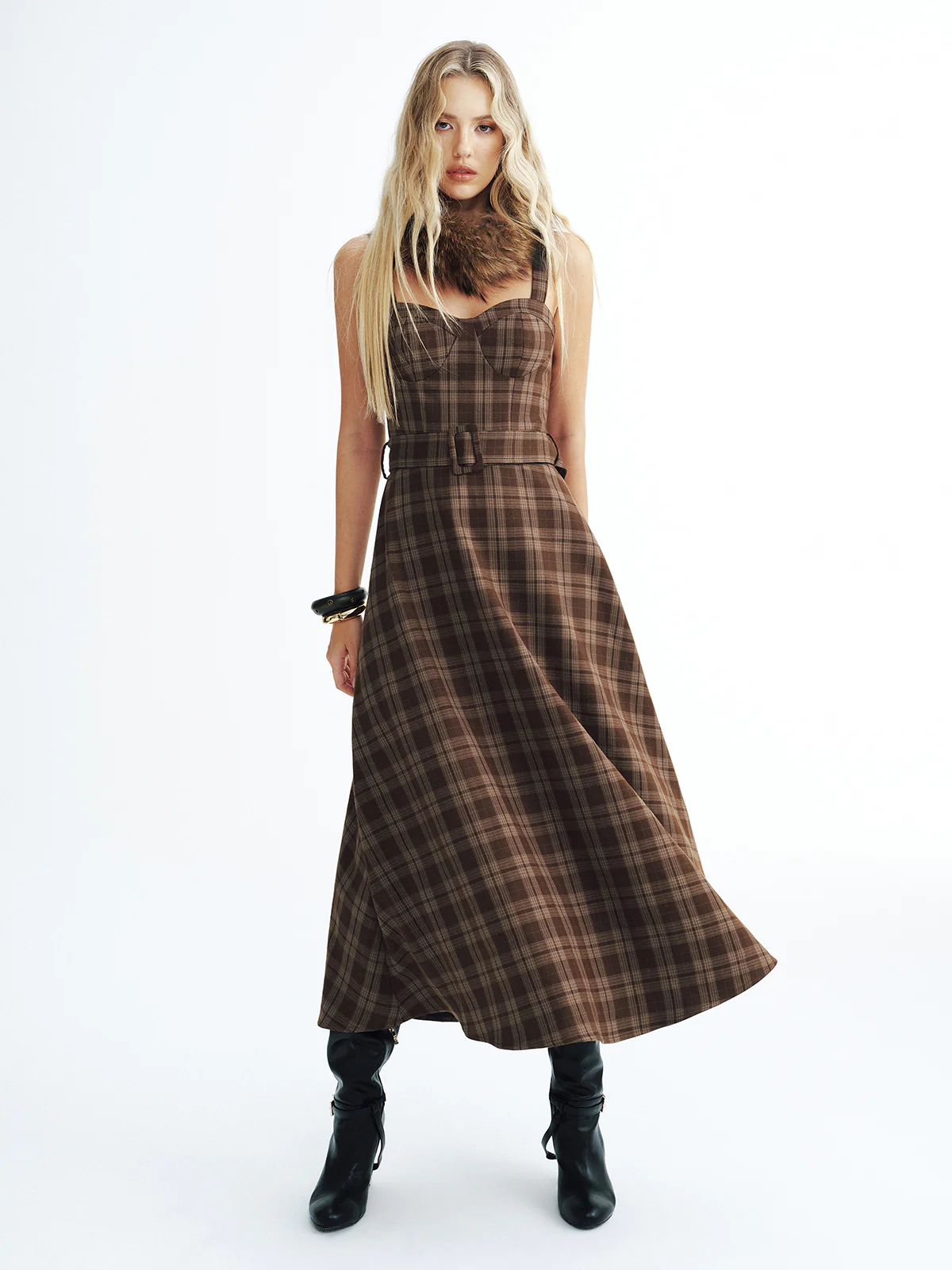 Belted Plaid Strappy Maxi Dress - Image 4