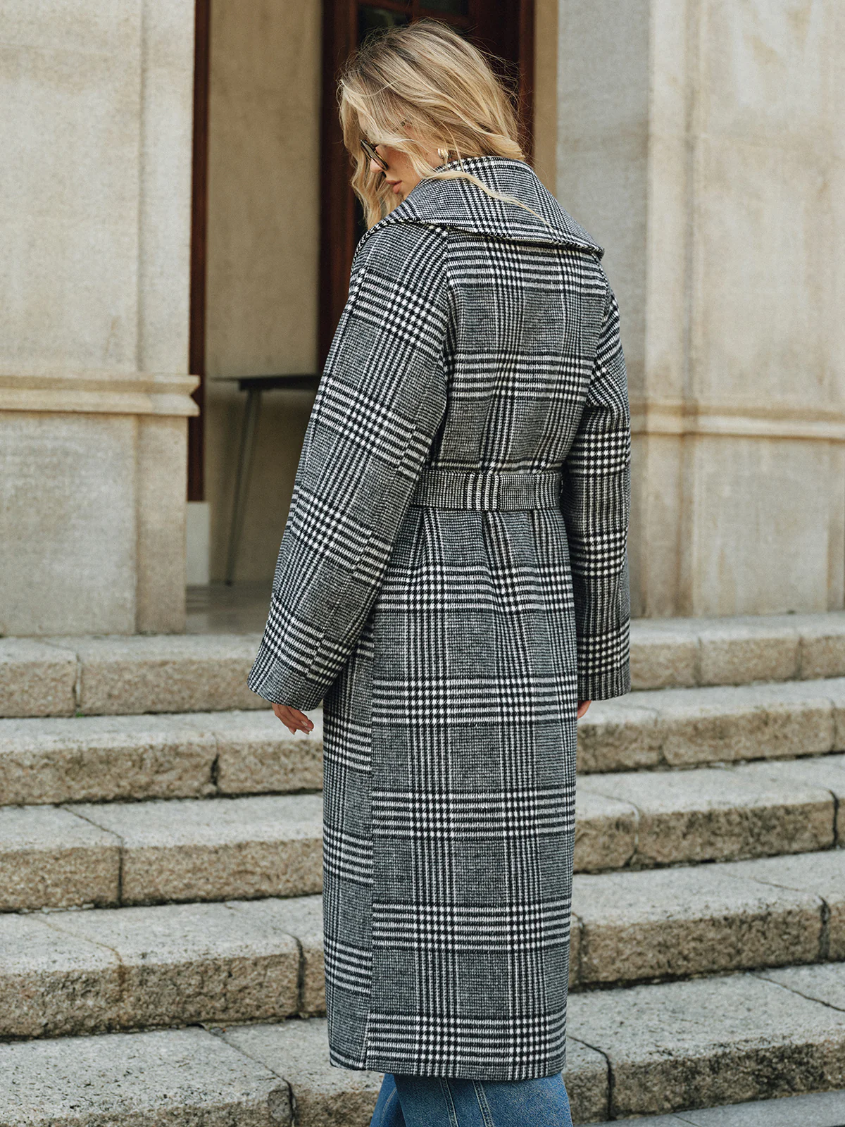 Belted Plaid Tweed Long Coat - Image 3