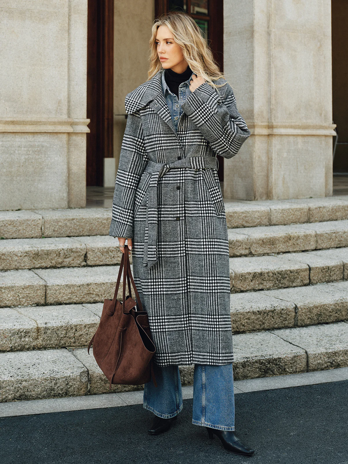 Belted Plaid Tweed Long Coat - Image 4