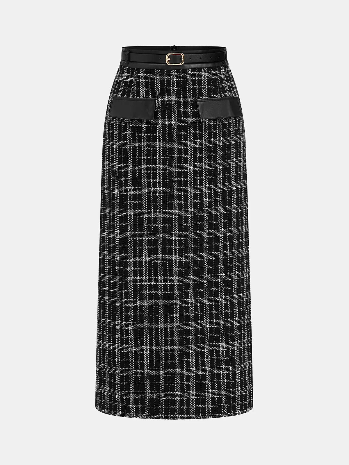 Belted Plaid Tweed Skirt