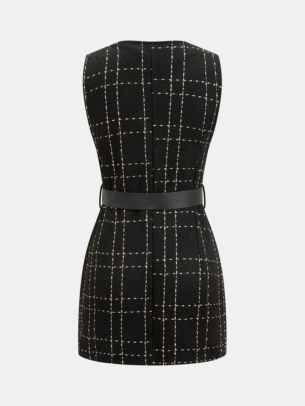 Belted Plaid Tweed Sleeveless Mini Dress - Image 2