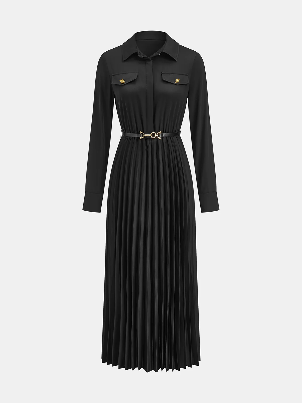 Belted Pleated Long Sleeve Shirt Dress - Image 2
