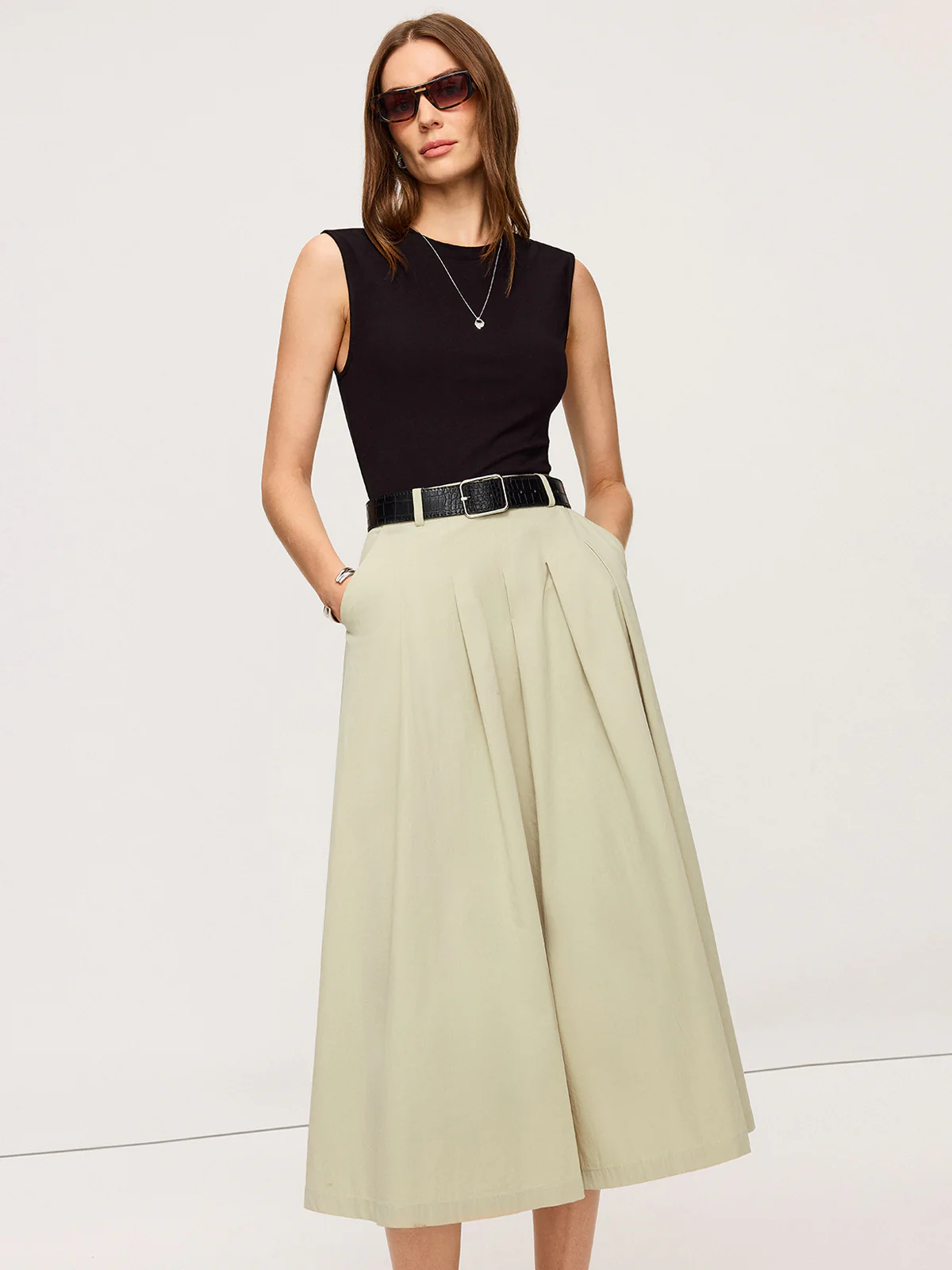 Belted Pleated Two-Tone Midi Dresses - Image 6