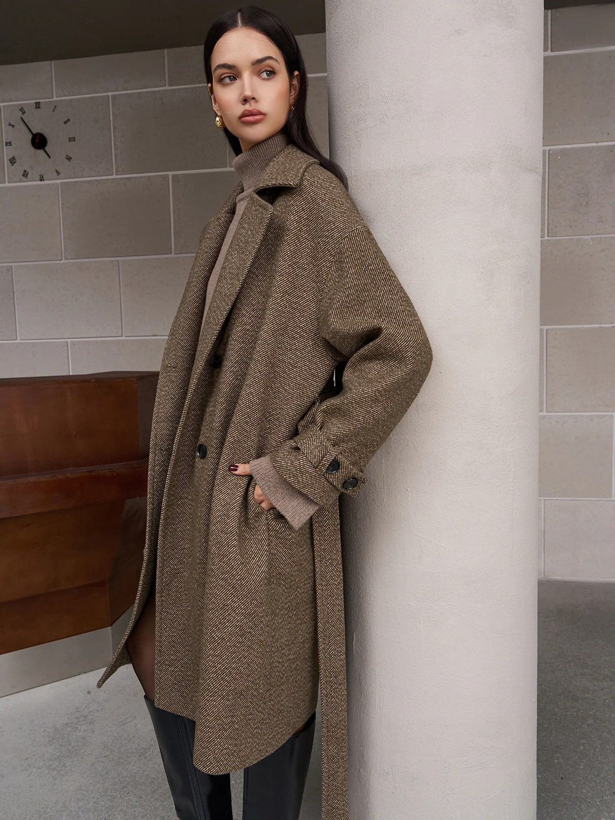 Belted Pockets Long Wool Coat - Image 5