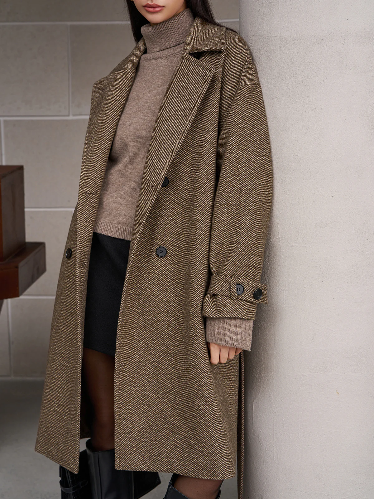 Belted Pockets Long Wool Coat - Image 6