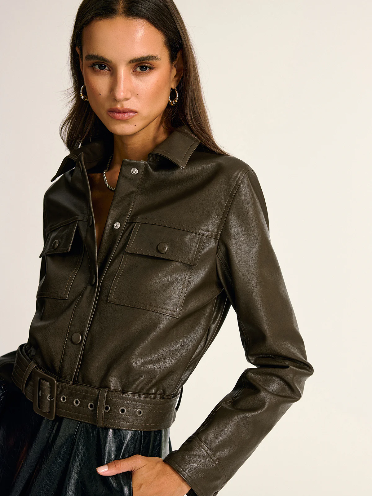 Belted PU Leather Cargo Shirt Jacket - Image 4
