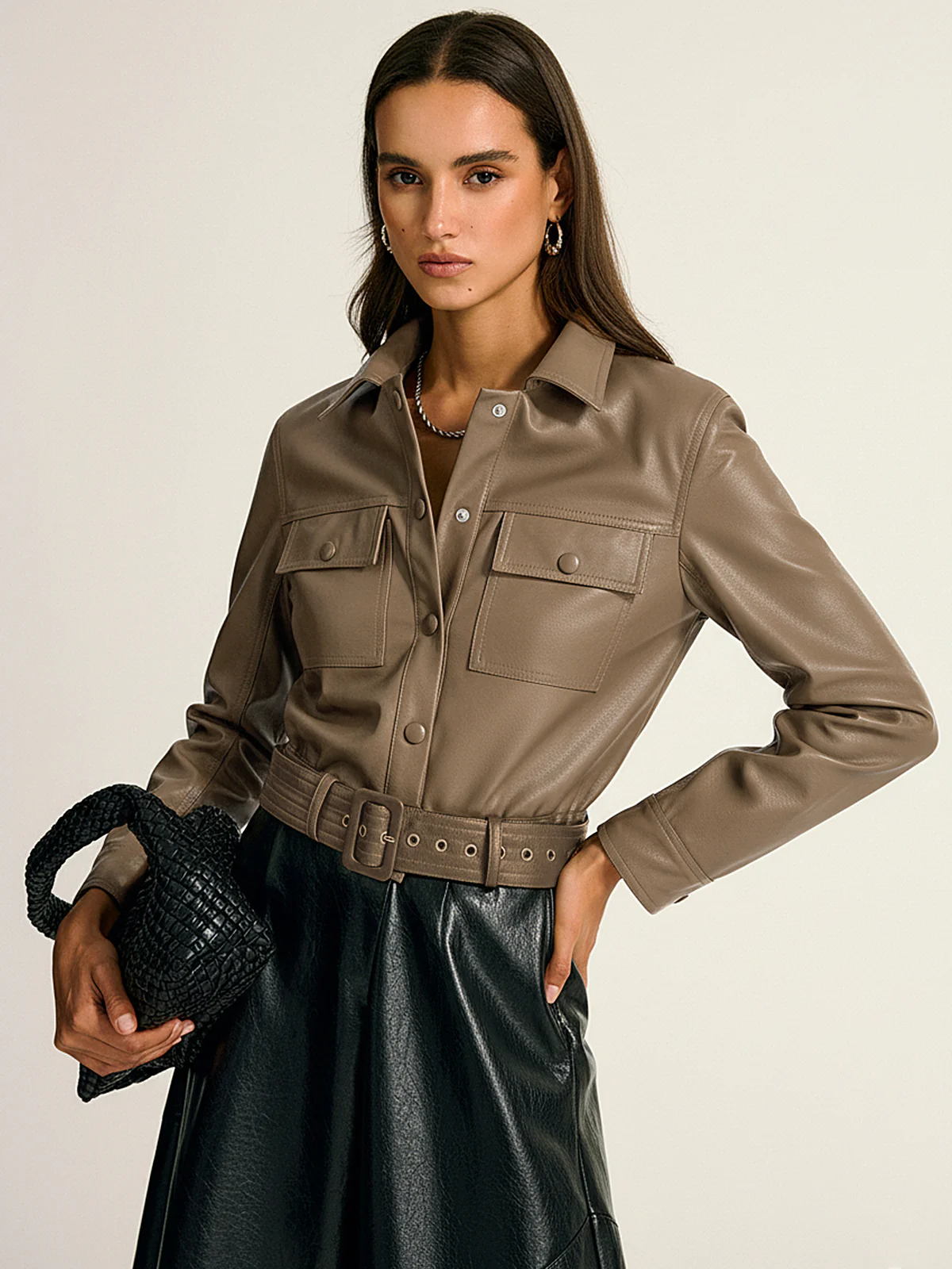 Belted PU Leather Cargo Shirt Jacket - Image 7