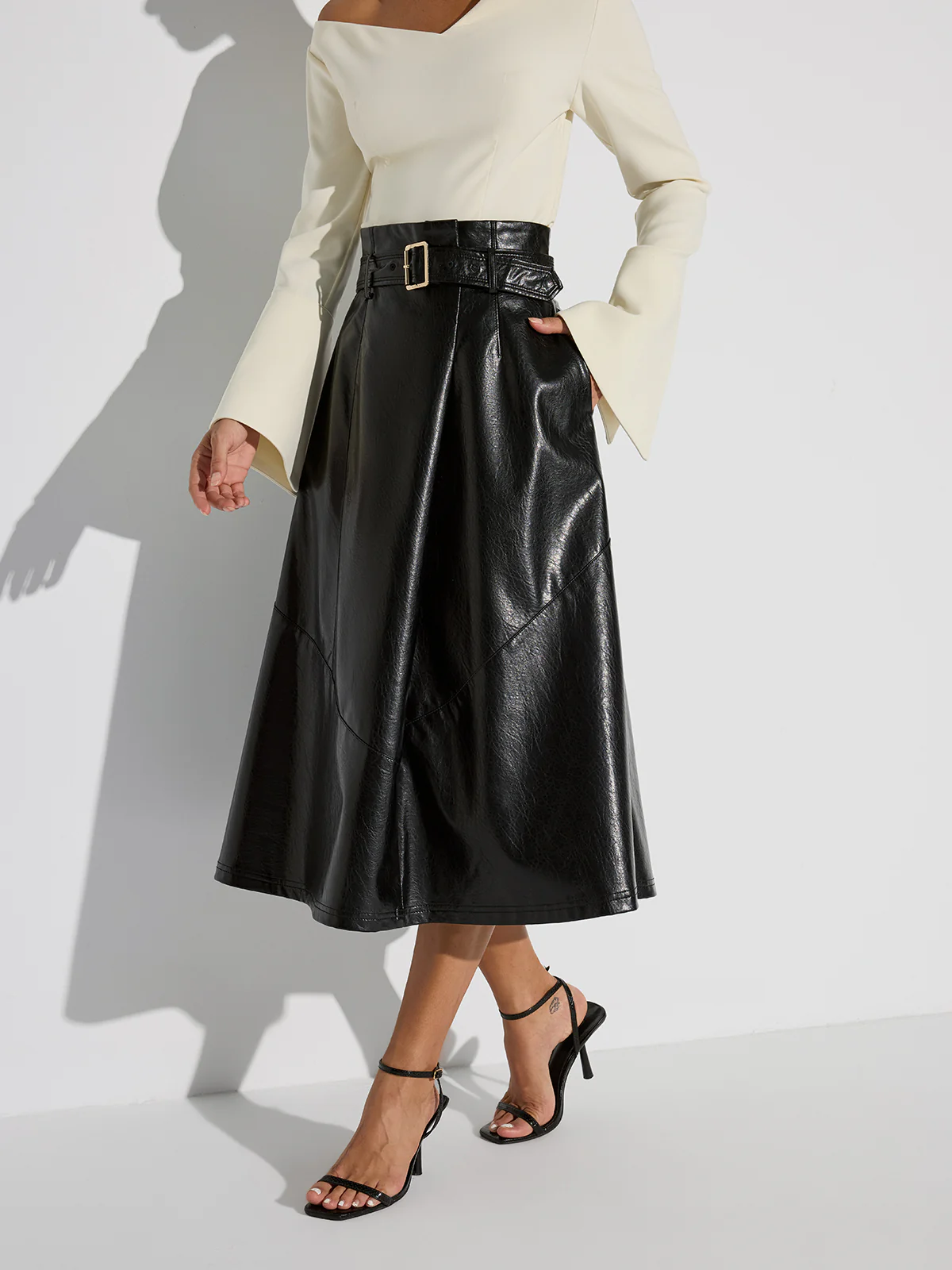 Belted PU Leather Maxi Skirt - Image 3