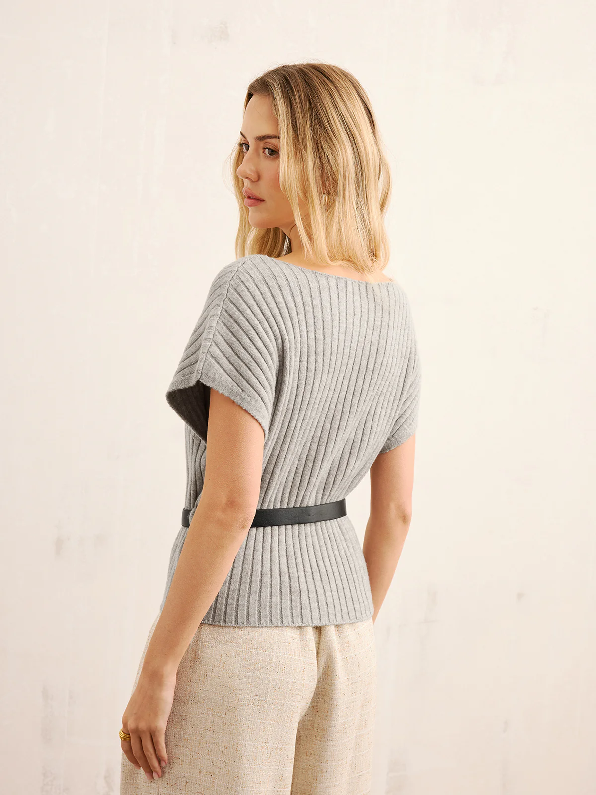 Belted Ribbed Knit Boat Neck Top - Image 6