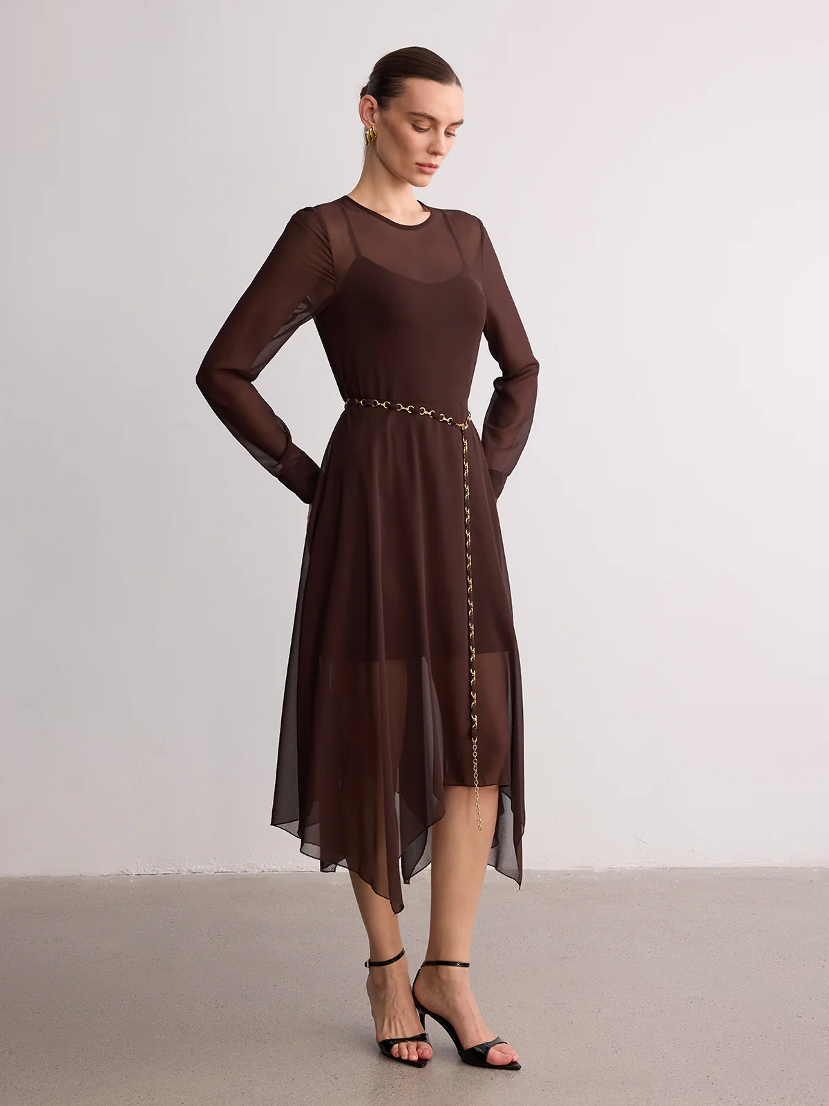 Belted Sheer Chiffon Long Sleeve Maxi Dress - Image 3