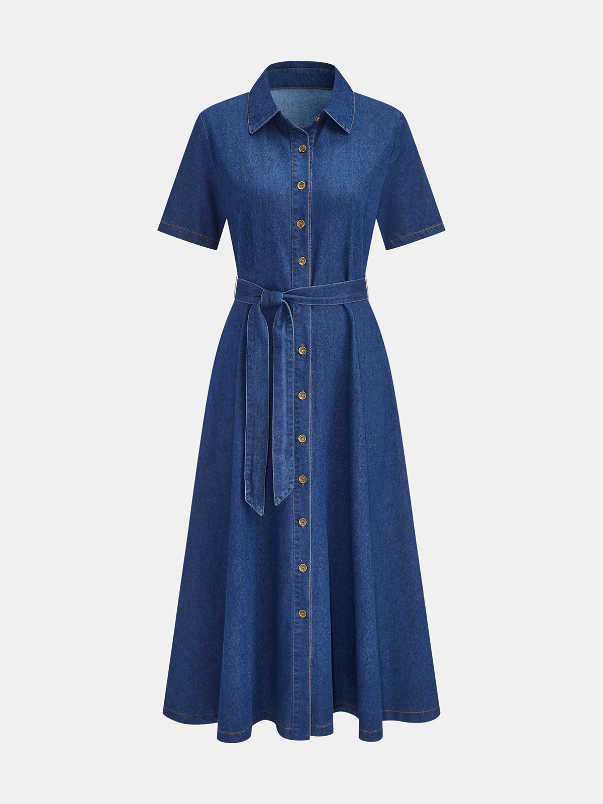 Belted Short Sleeve Denim Shirt Dress - Image 2