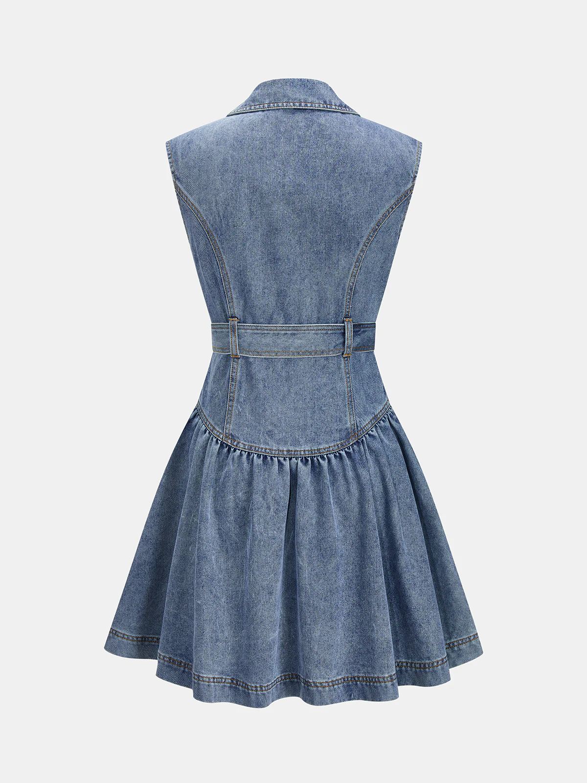 Belted Sleeveless Lapel Denim Shirt Dress - Image 2