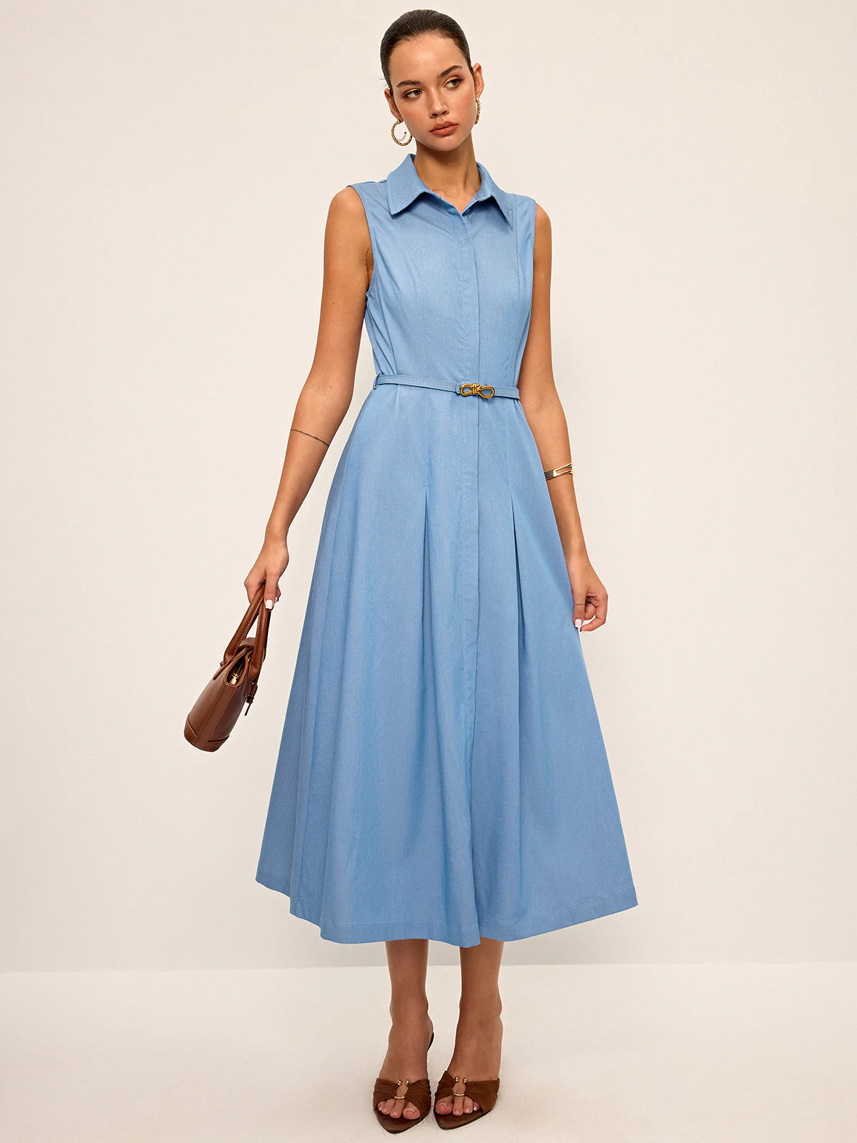 Belted Sleeveless Shirt Midi Dress - Image 3