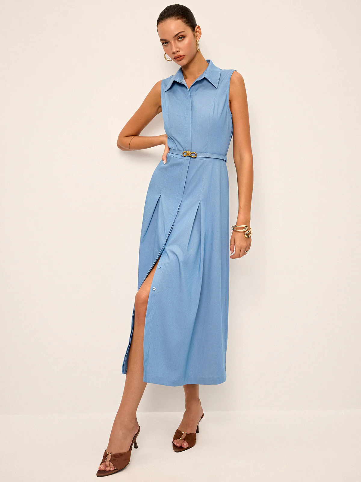 Belted Sleeveless Shirt Midi Dress - Image 5