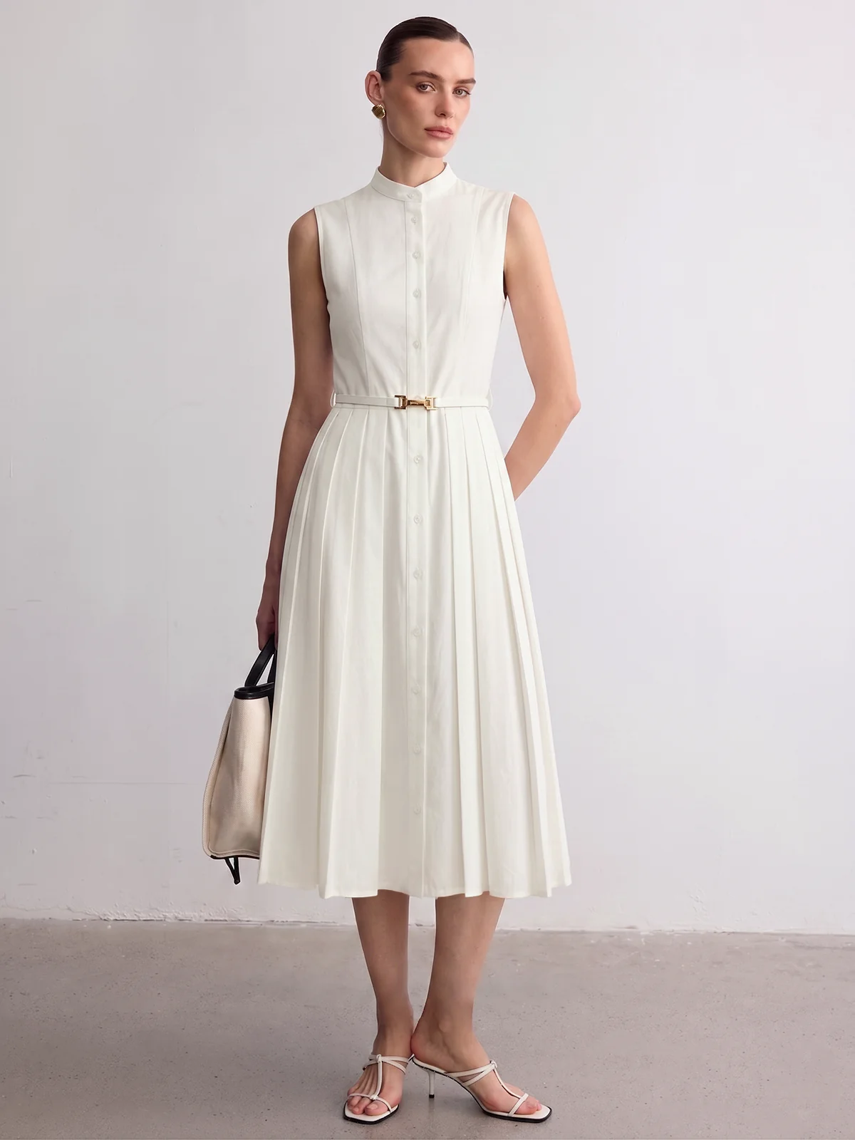 Belted Stand Collar Sleeveless Pleated Shirt Midi Dress