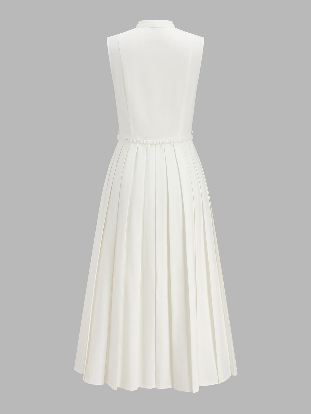 Belted Stand Collar Sleeveless Pleated Shirt Midi Dress - Image 3