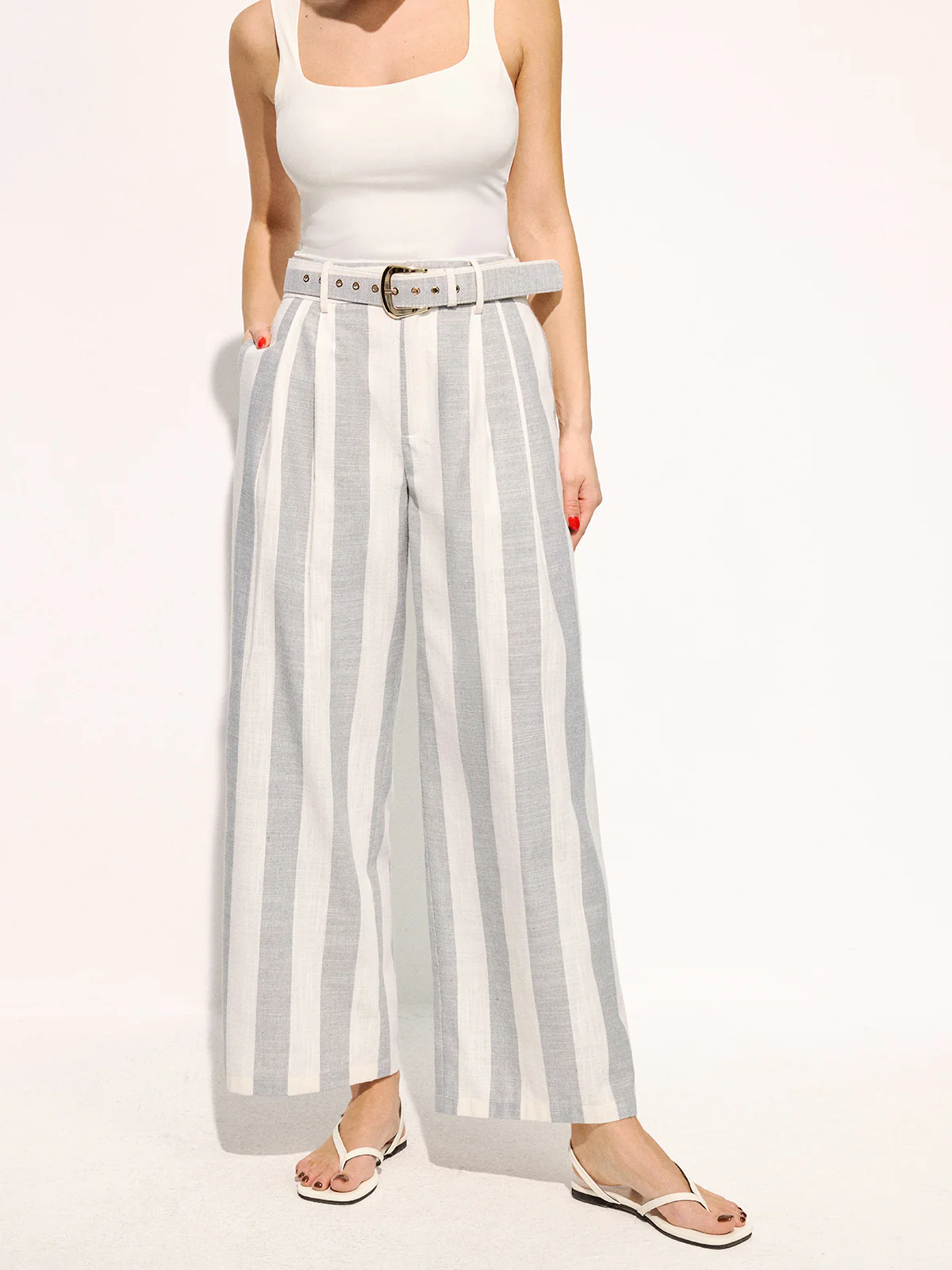 Belted Striped Cotton Linen Wide Leg Pants - Image 2