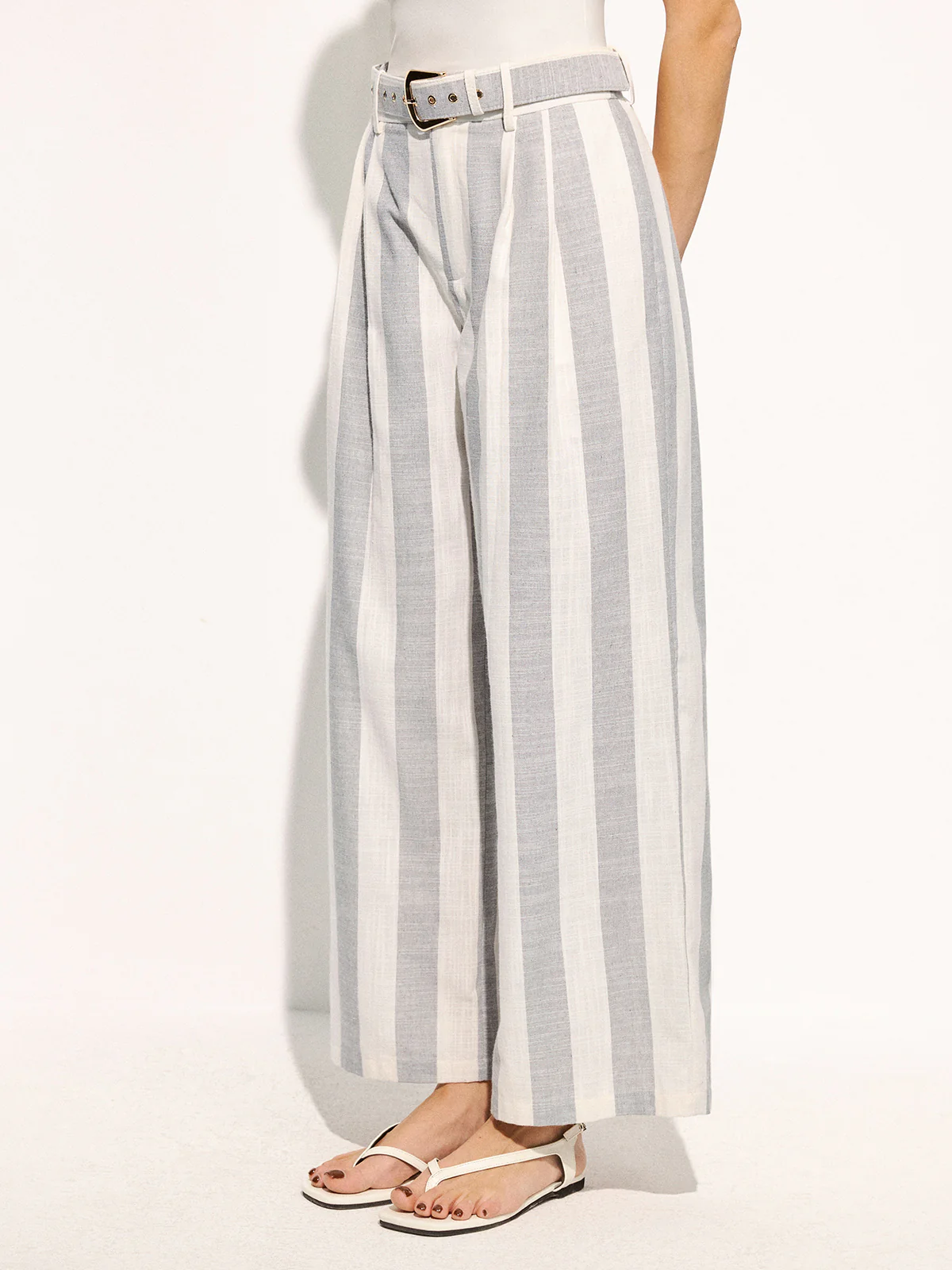 Belted Striped Cotton Linen Wide Leg Pants - Image 5