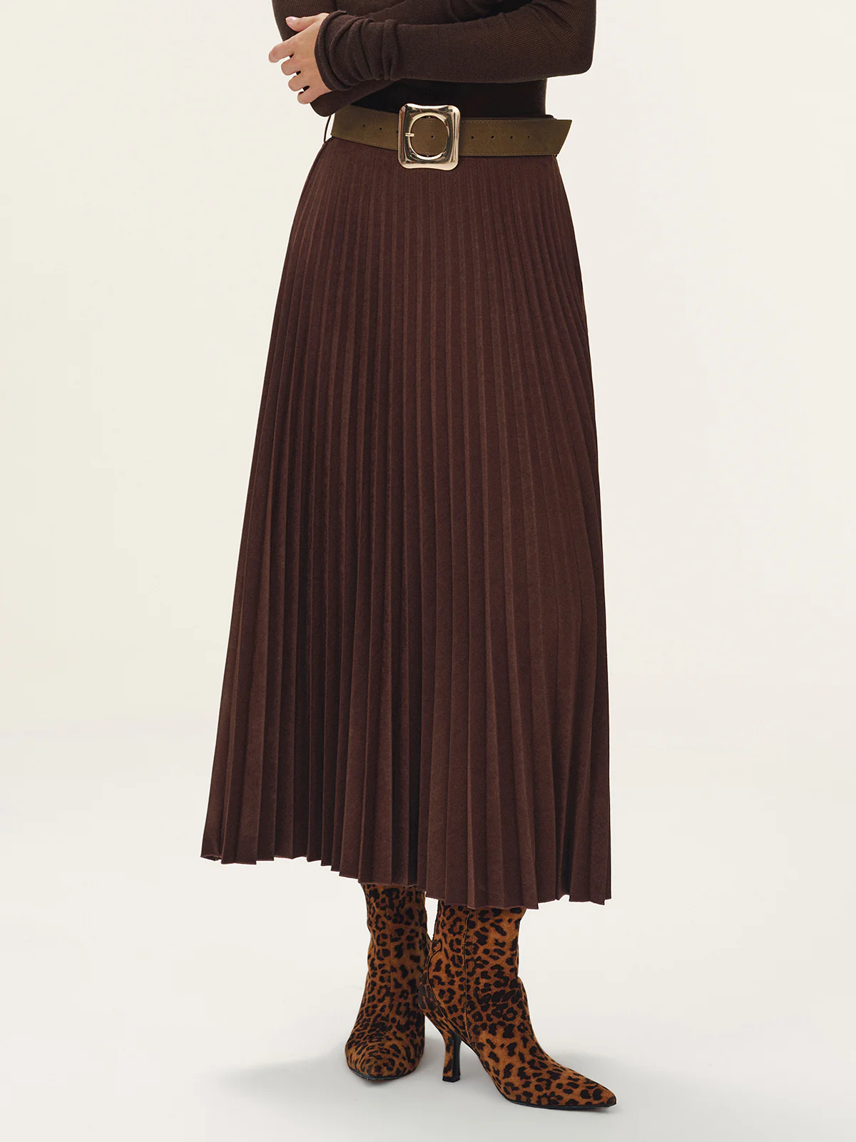 Belted Suede Effect Pleated Midi Skirt - Image 2