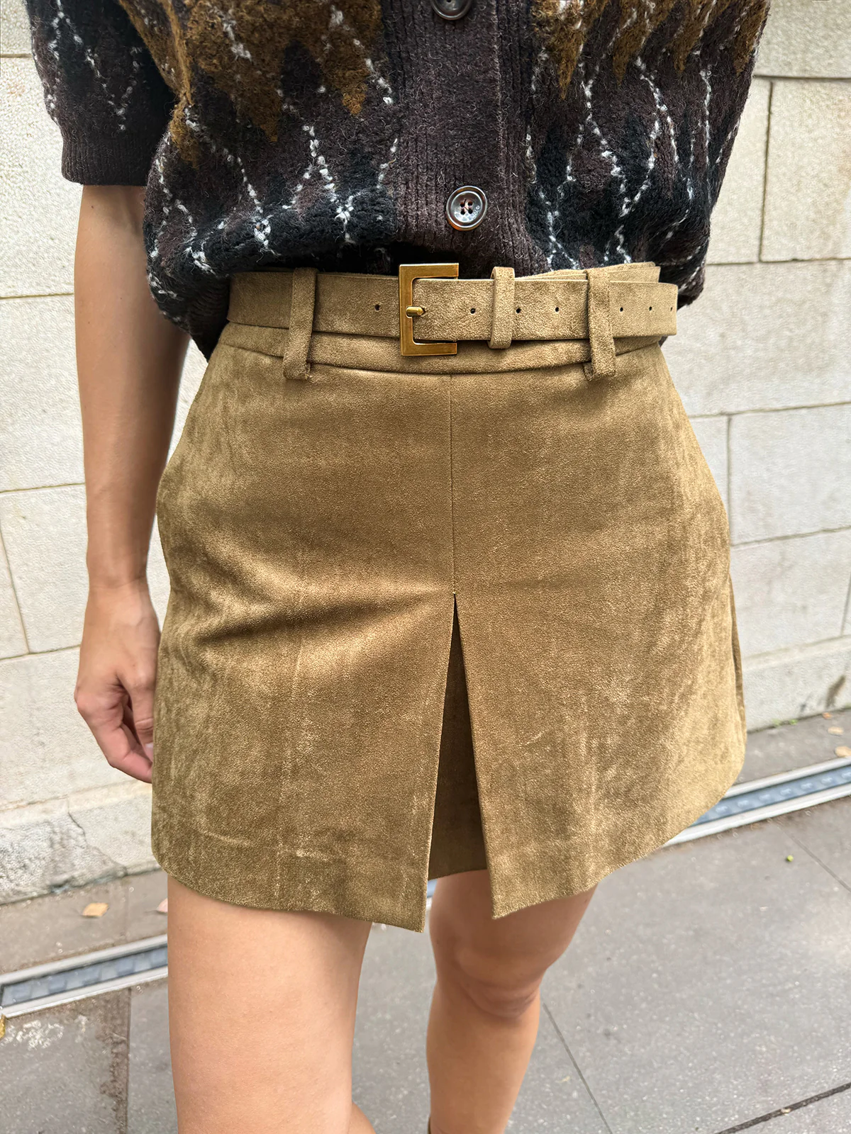 Belted Suede Effect Slit Mini Skirt - Image 2
