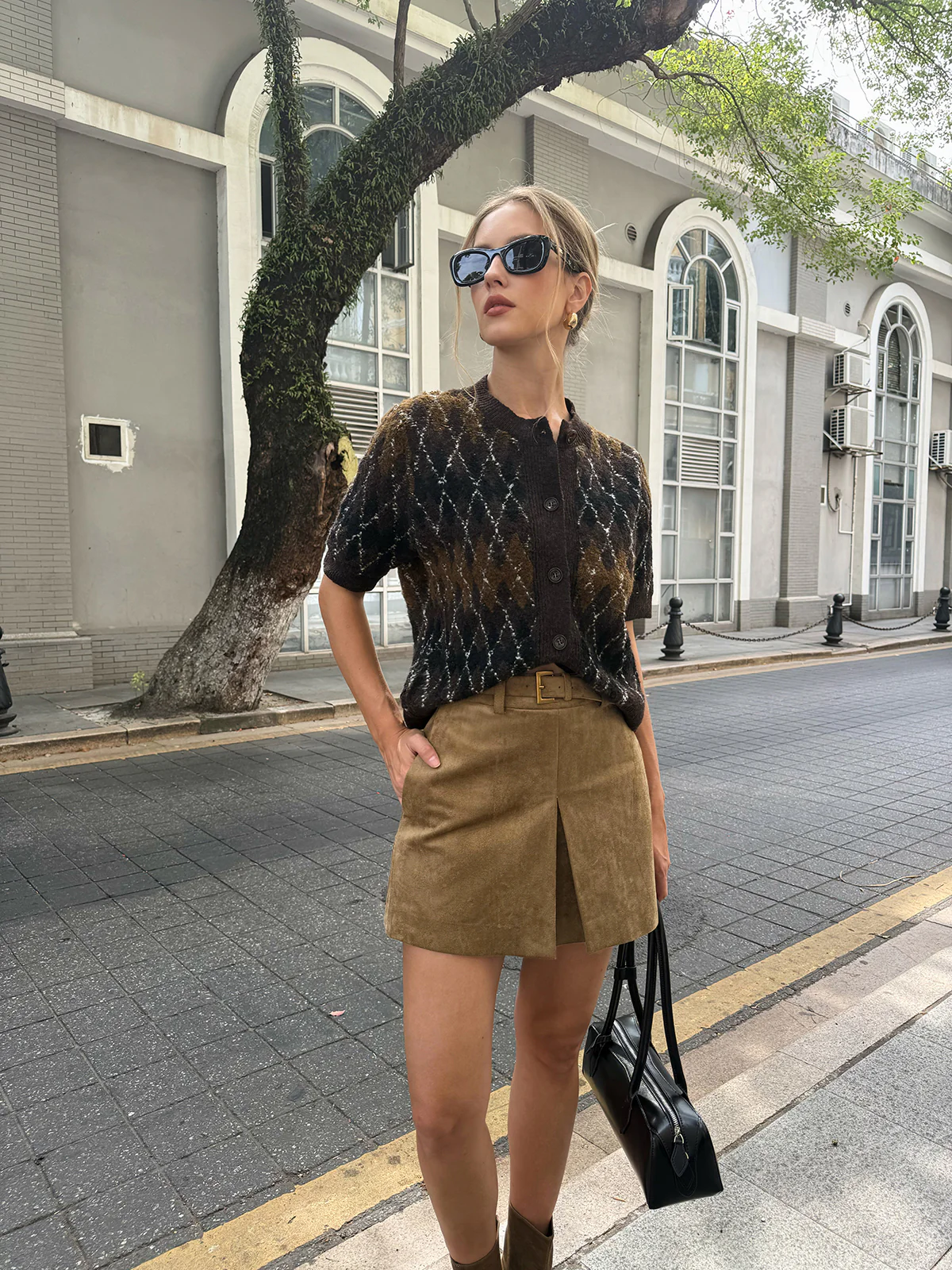 Belted Suede Effect Slit Mini Skirt - Image 3