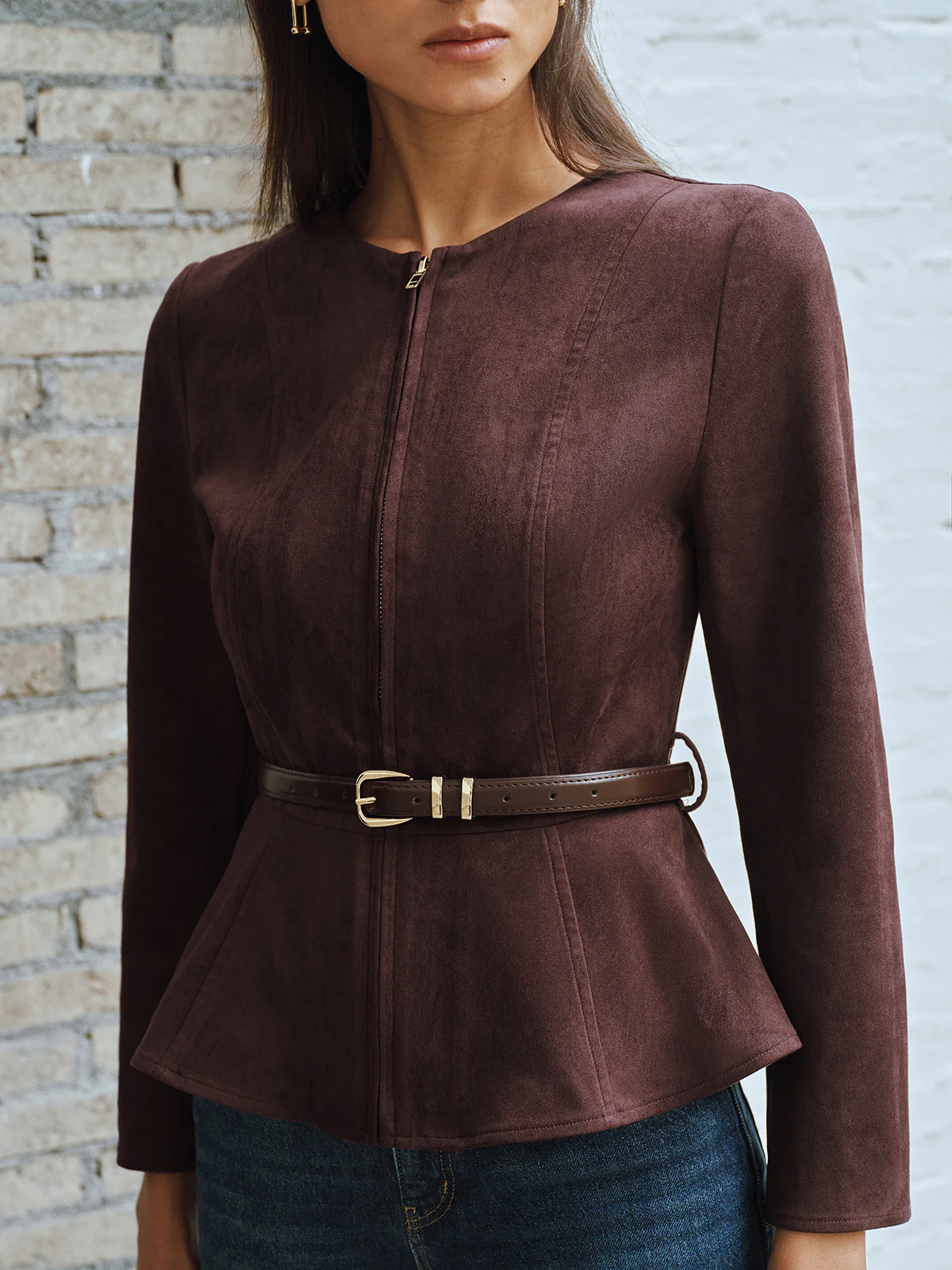 Belted Suede Effect Zipper Jacket - Image 2