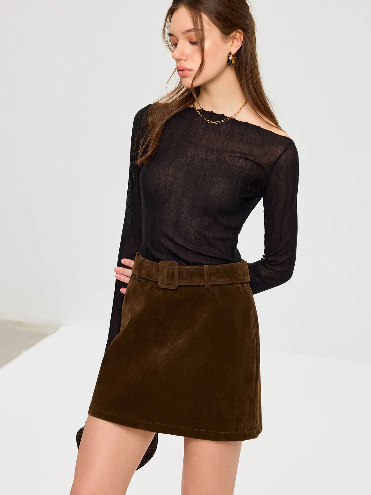 Belted Suede Effect Mini Skirt - Image 2