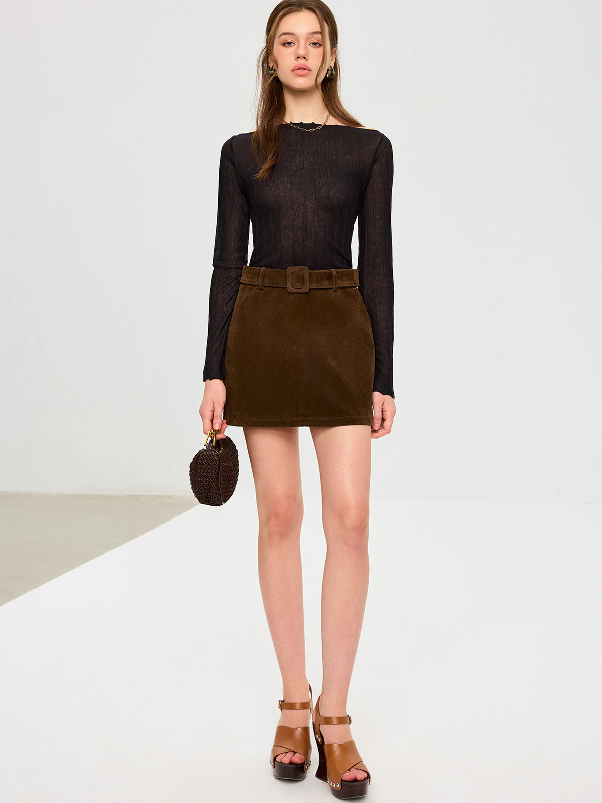 Belted Suede Effect Mini Skirt - Image 4
