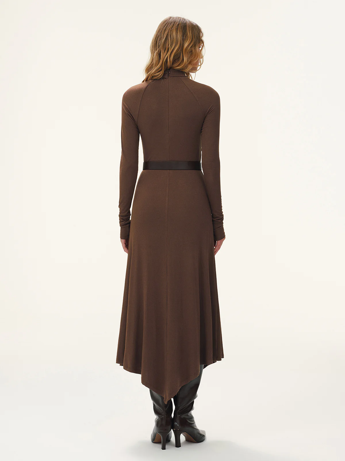 Belted Turtleneck Asymmetric Maxi Dress - Image 2