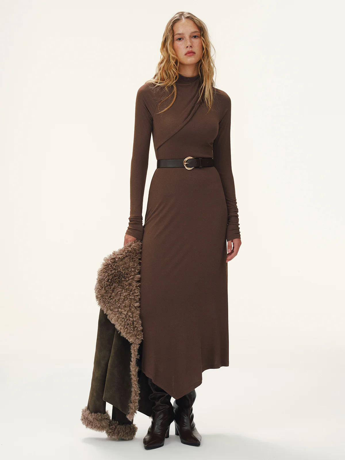 Belted Turtleneck Asymmetric Maxi Dress - Image 5