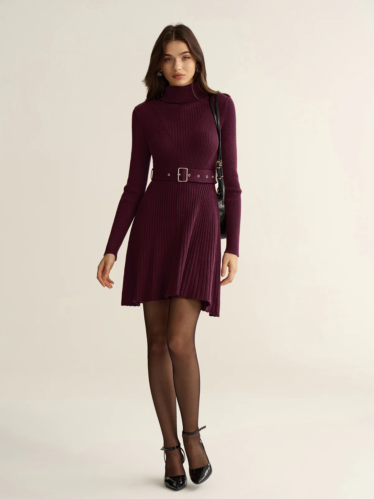 Belted Turtleneck Ribbed Knit Mini Dress - Image 2