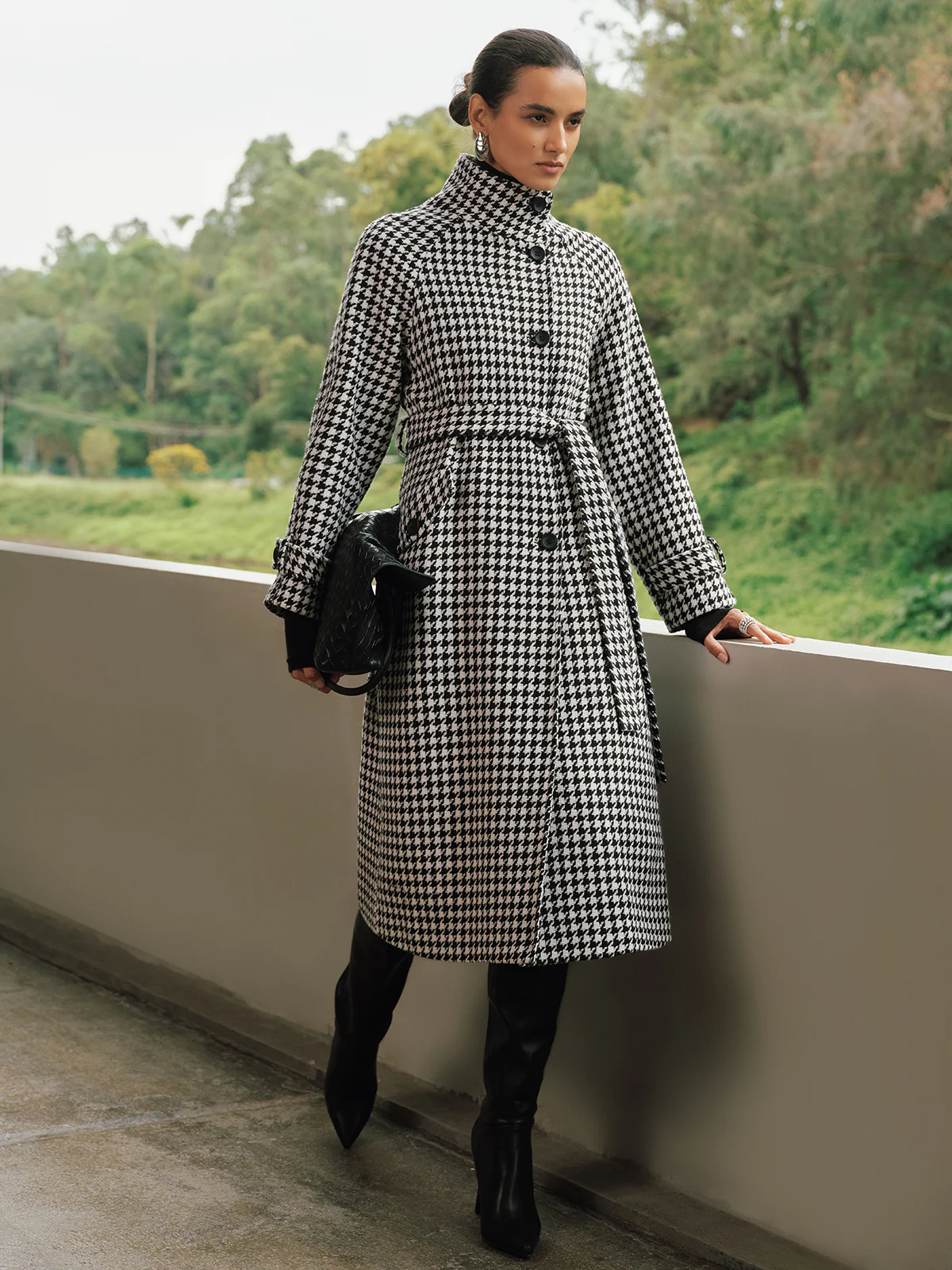 Belted Tweed Houndstooth Long Trench Coat
